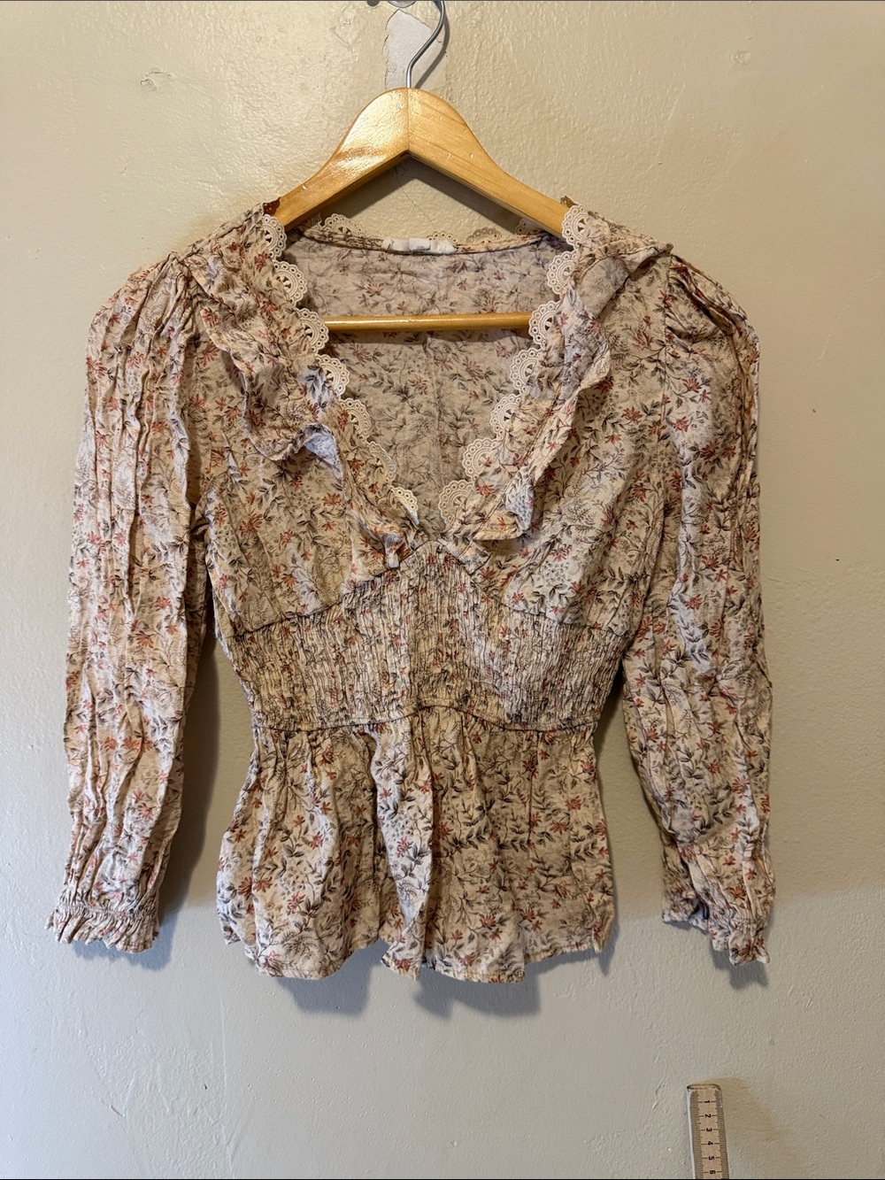 mine Cream Floral Lace-Trim Smocked Peplum Blouse